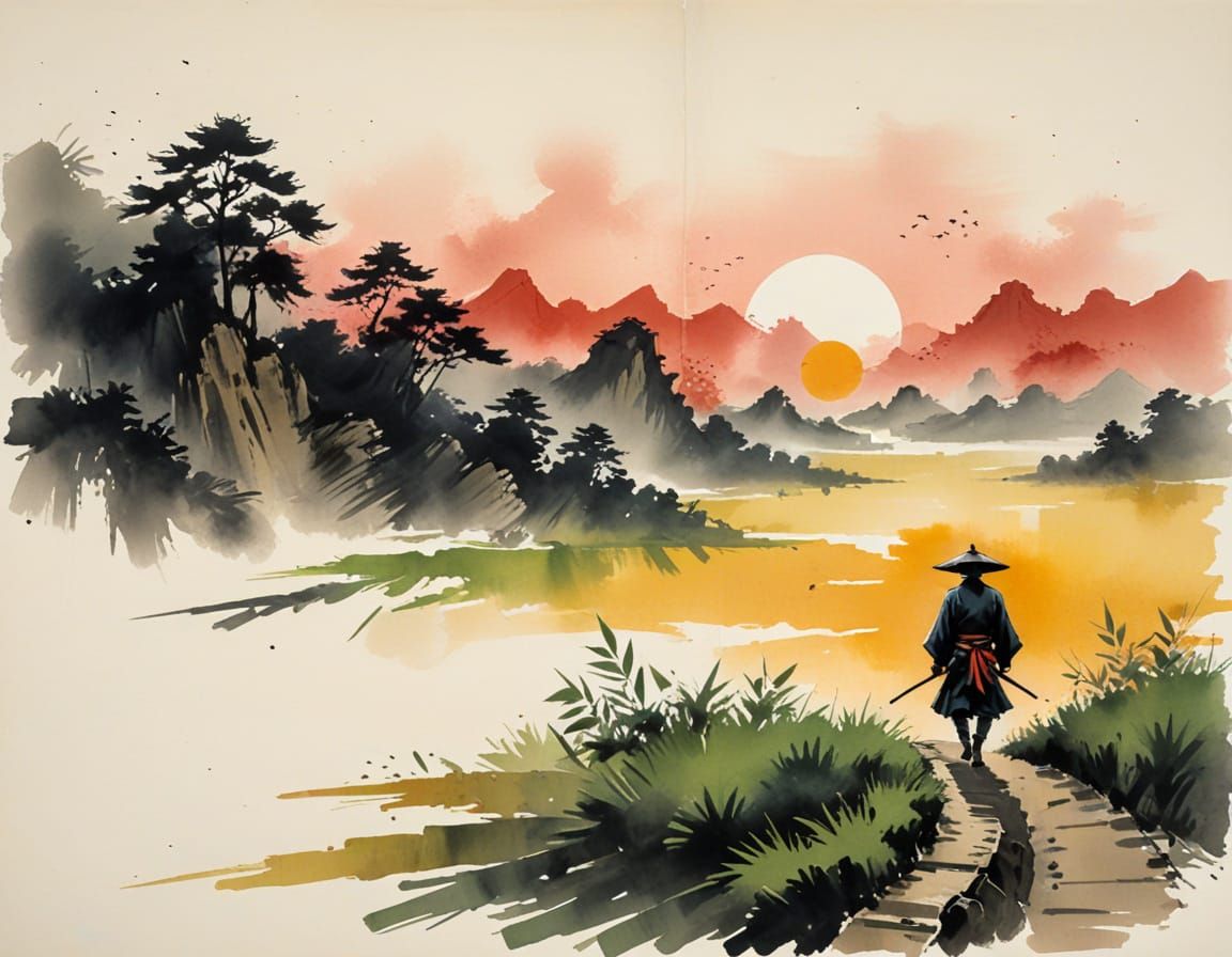 Samurai on Bamboo Path at Sunset: Ink Wash