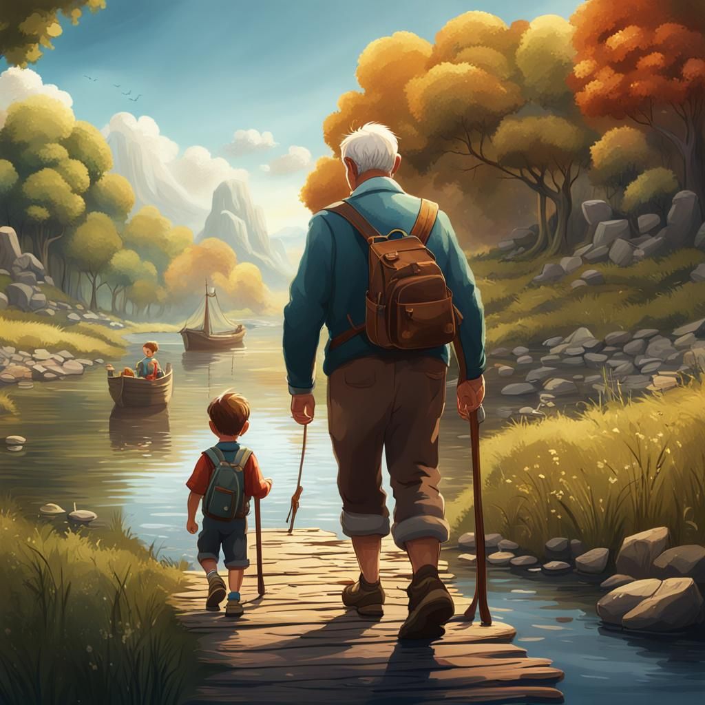 Boy and Grandpa Fishing: Children's Book Illustration