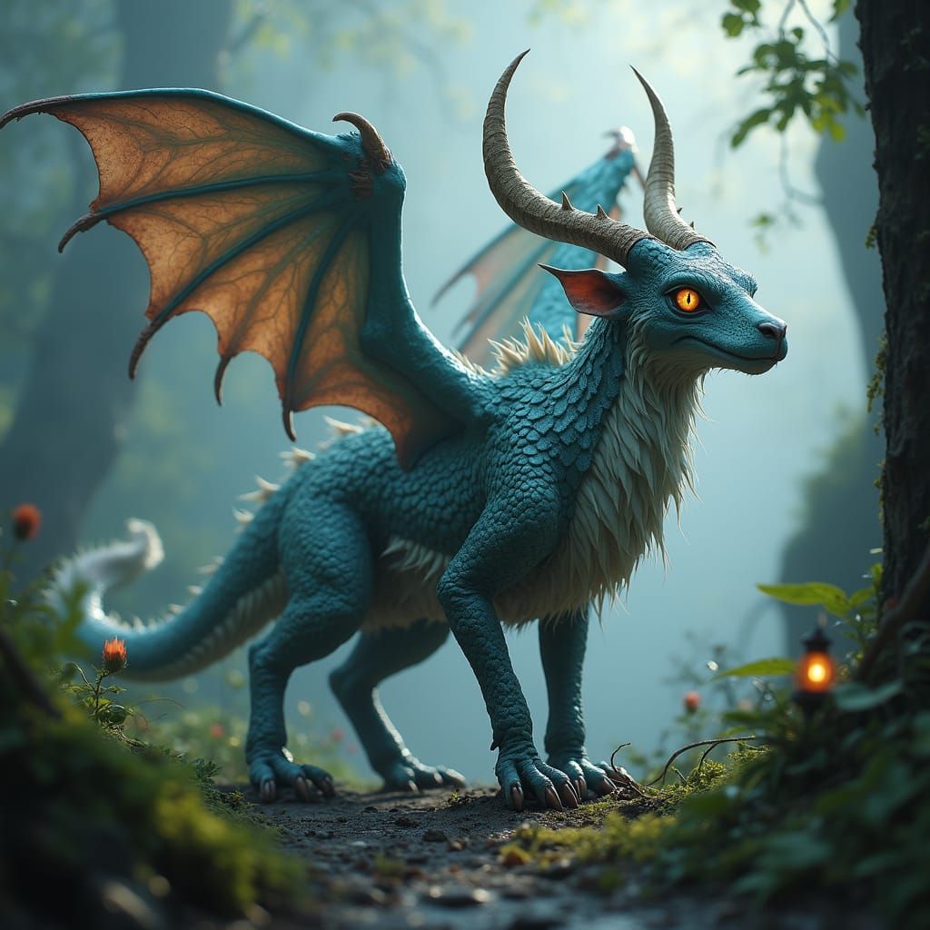 Mystical Creature in Enchanted Realm, Blending Animal Featur...