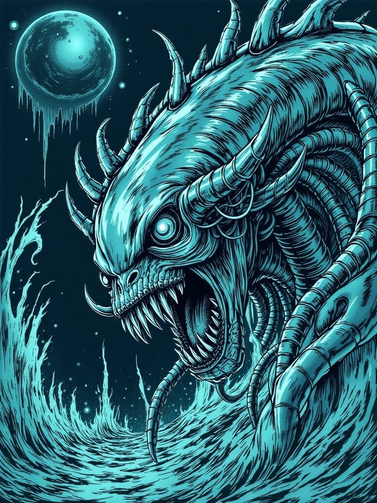 Grotesque Mermaid Megalodon Fusion in Junji Ito Style