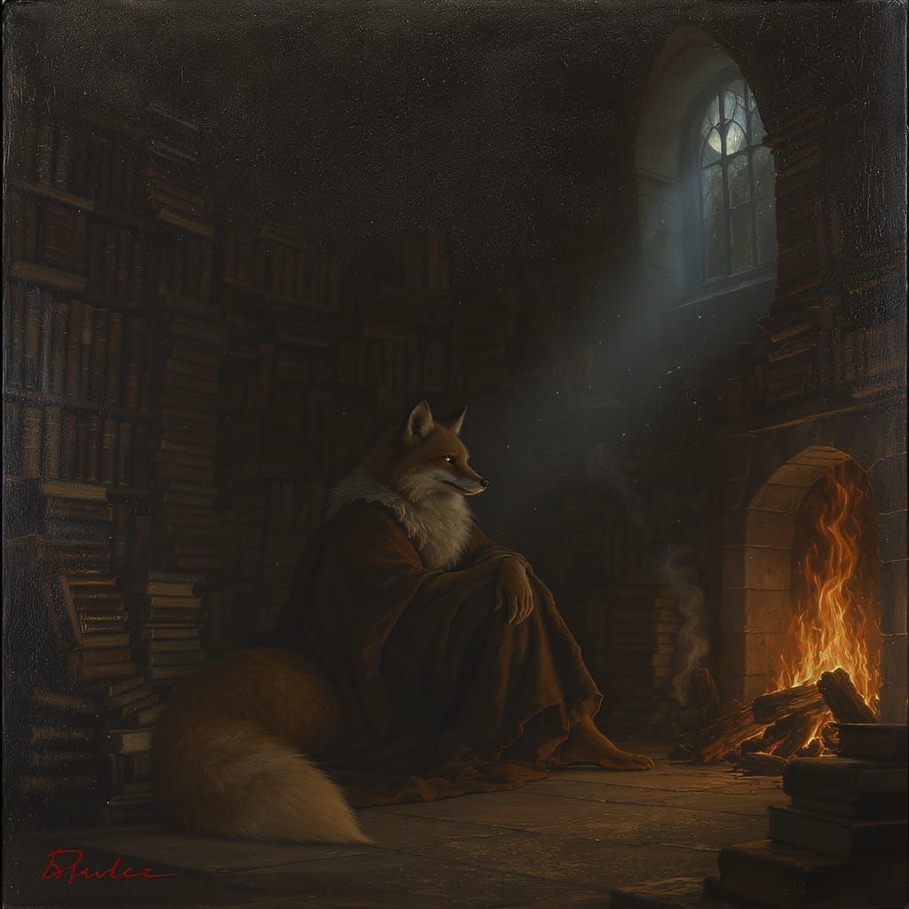 Scholarly Fox by Firelight in Ancient Library