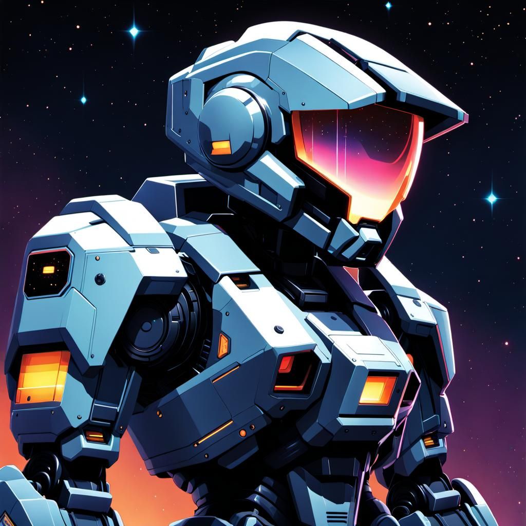 8-Bit Mech Suit in Liminal Space, Cel-Shaded Anime Style