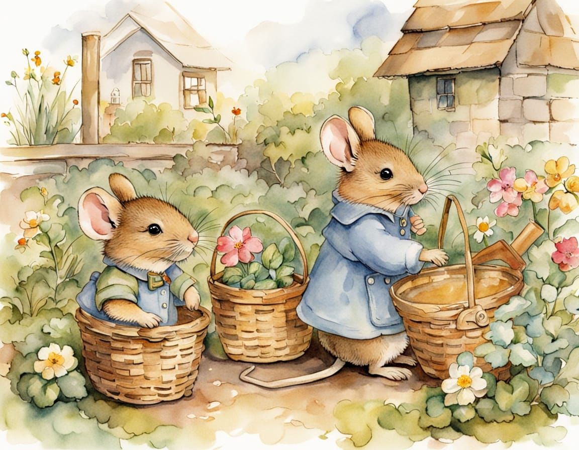 Adorable Mice Garden Scene in Watercolor Style