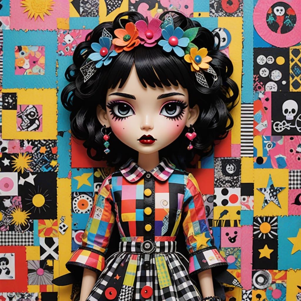 Vibrant Chibi Doll in Whimsical Mixed Media Collage