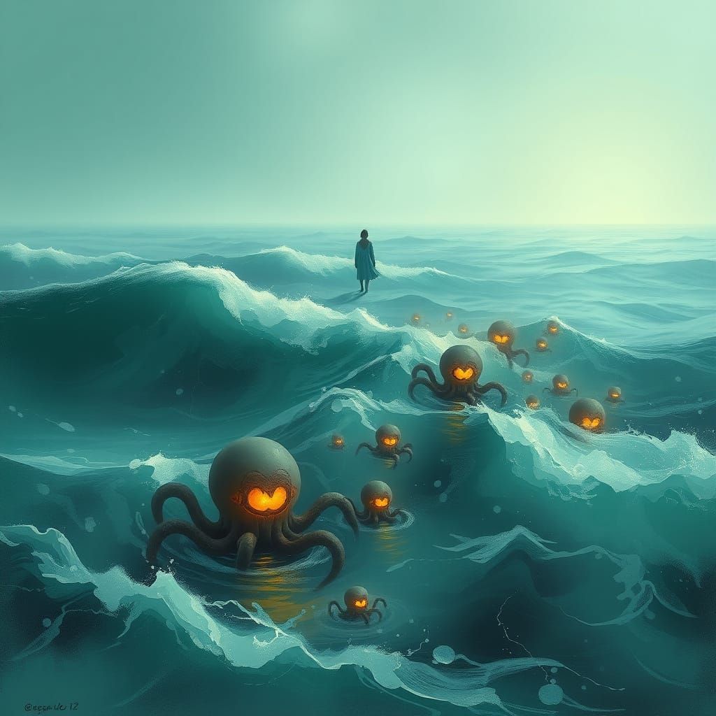 Turquoise Ocean Landscape with Glowing Creatures