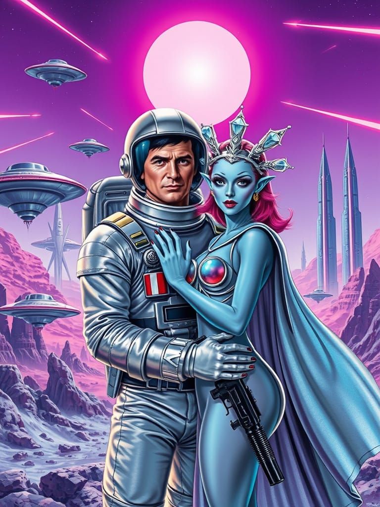 Retro-Futuristic Astronaut Embraces Alien Princess in Atompu...