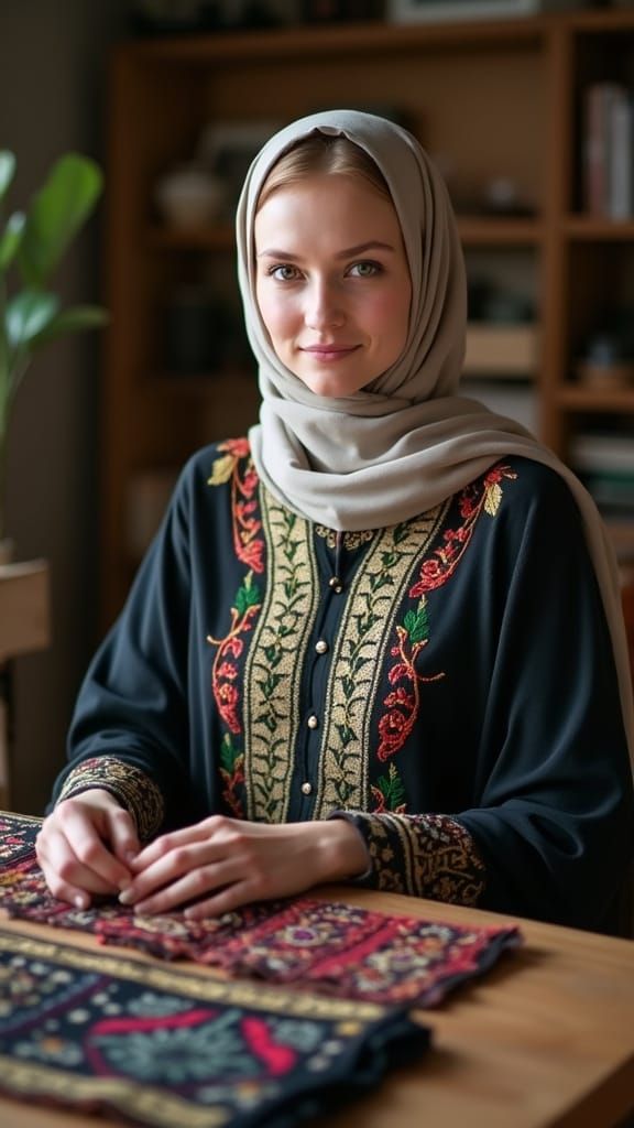 Woman in Embroidery Workshop with Jordanian Art