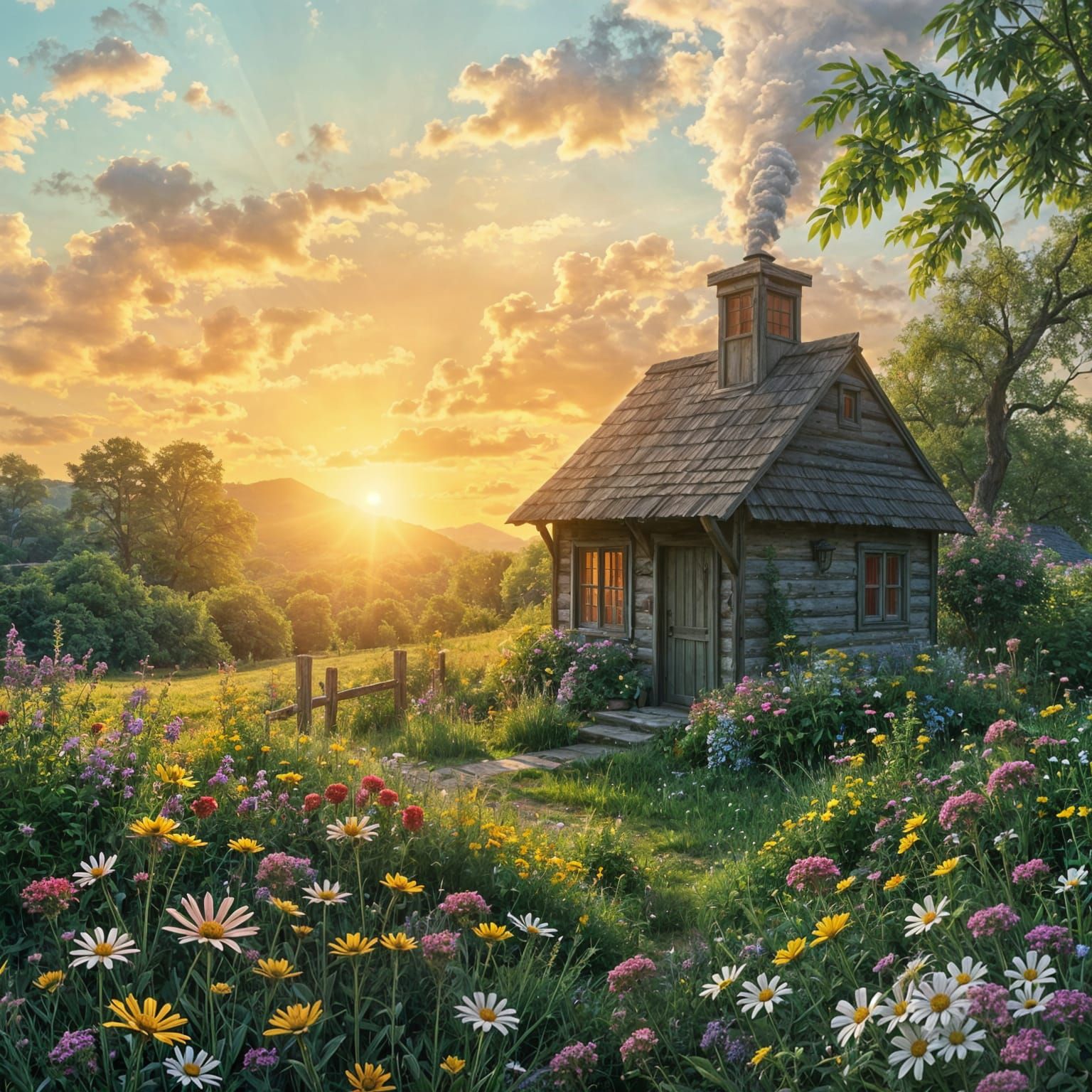 Quaint Cottage in Meadow at Sunset
