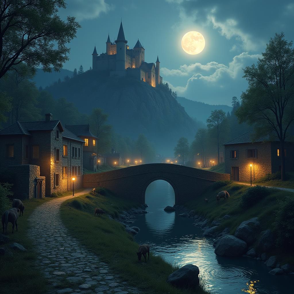 Moonlit Medieval Village with Castle in Detailed Matte Paint...
