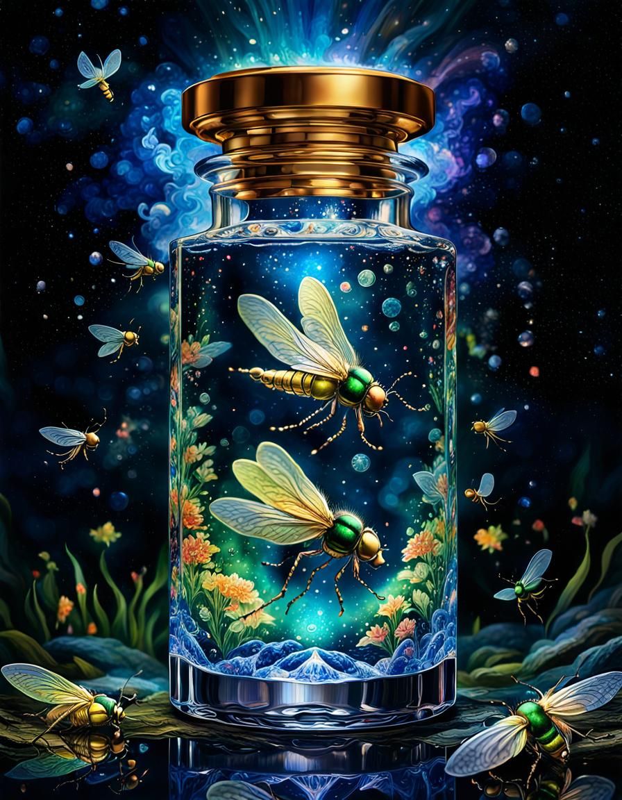 Fireflies in Perfume Bottle: Cosmic Digital Art