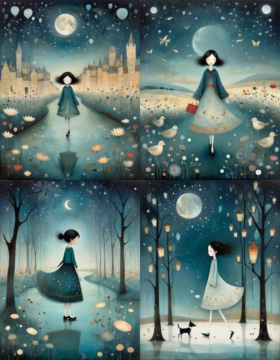 Dreamlike Woman Strolls Under Celestial Skies in Whimsical A...