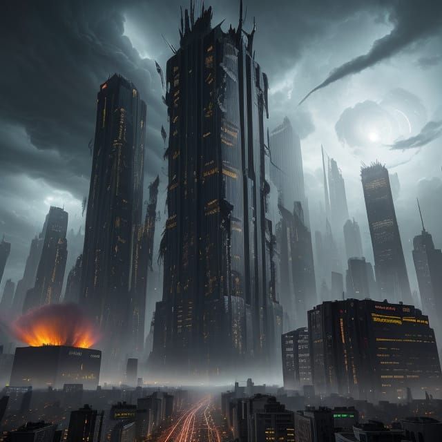 Futuristic City Devastated by Colossal Cyclone