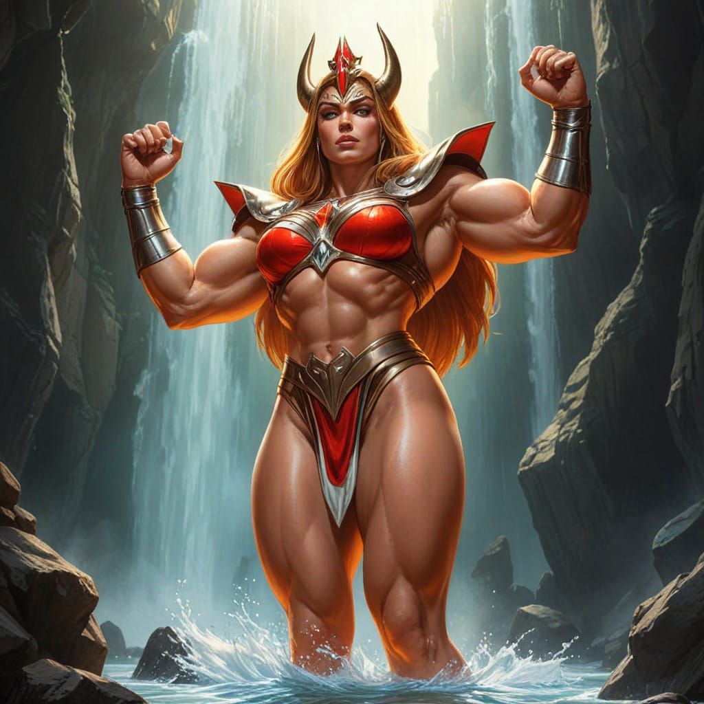 Majestic Female Bodybuilder in Waterfall, Bronze Skin, Hyper...