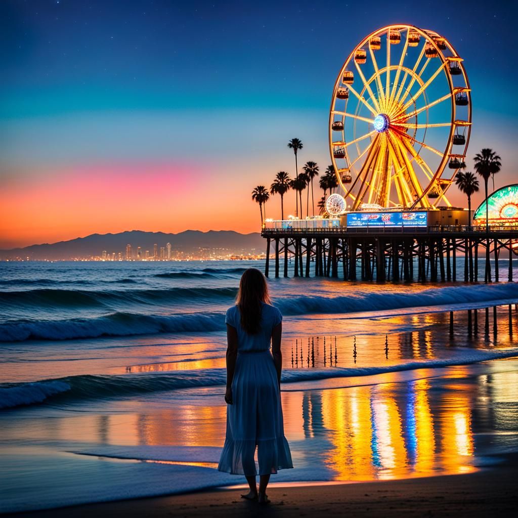 Los Angeles Pier at Night in Cyberpunk Style
