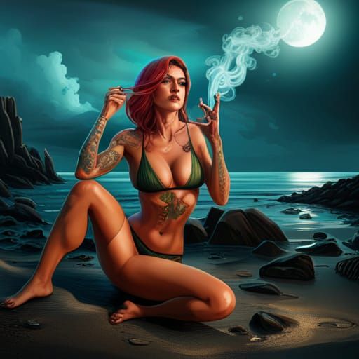 Tattooed Bikini Girl Smoking: Detailed Fantasy Art
