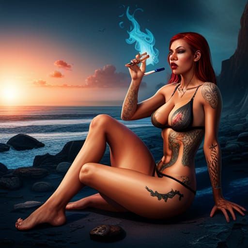 Tattooed Bikini Girl Smoking: Detailed Matte Painting