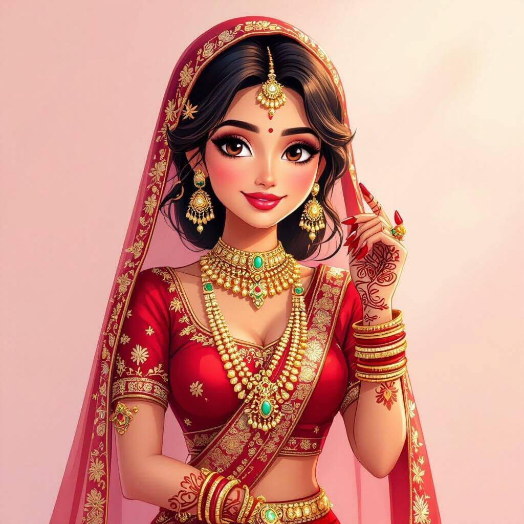 Indian Bride in Red and Gold, 3D Cartoon Style