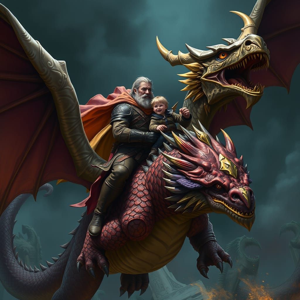 Dragon Rider and Child in Dark Fantasy Style