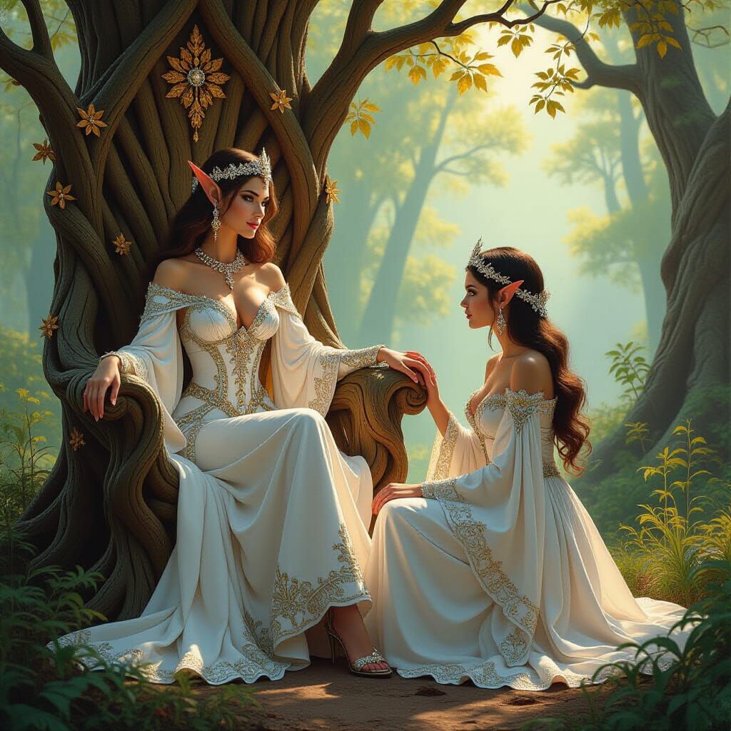 Enthroned Elf Queen in Fantasy Oil Painting Style