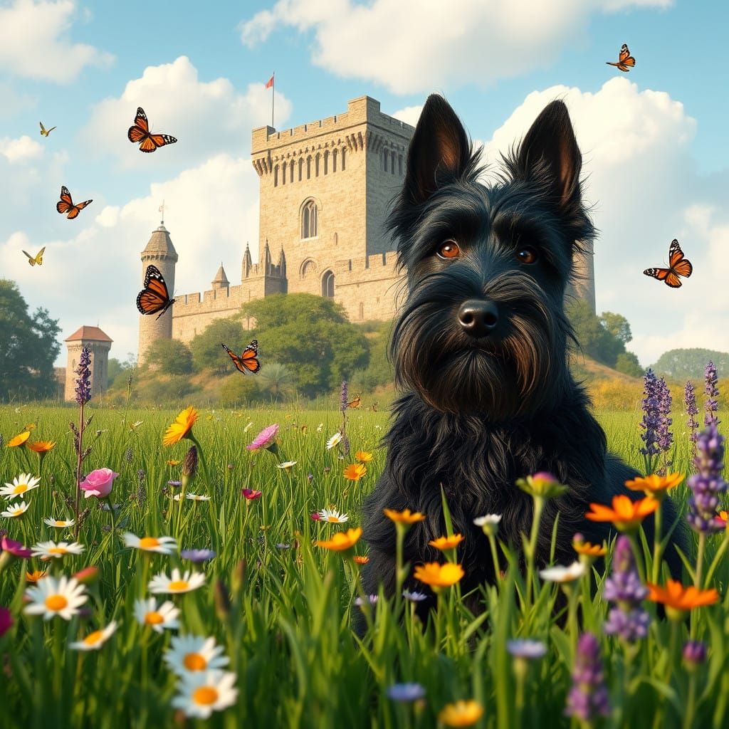 Regal Black Scottish Terrier Amidst Vibrant Wildflowers and...