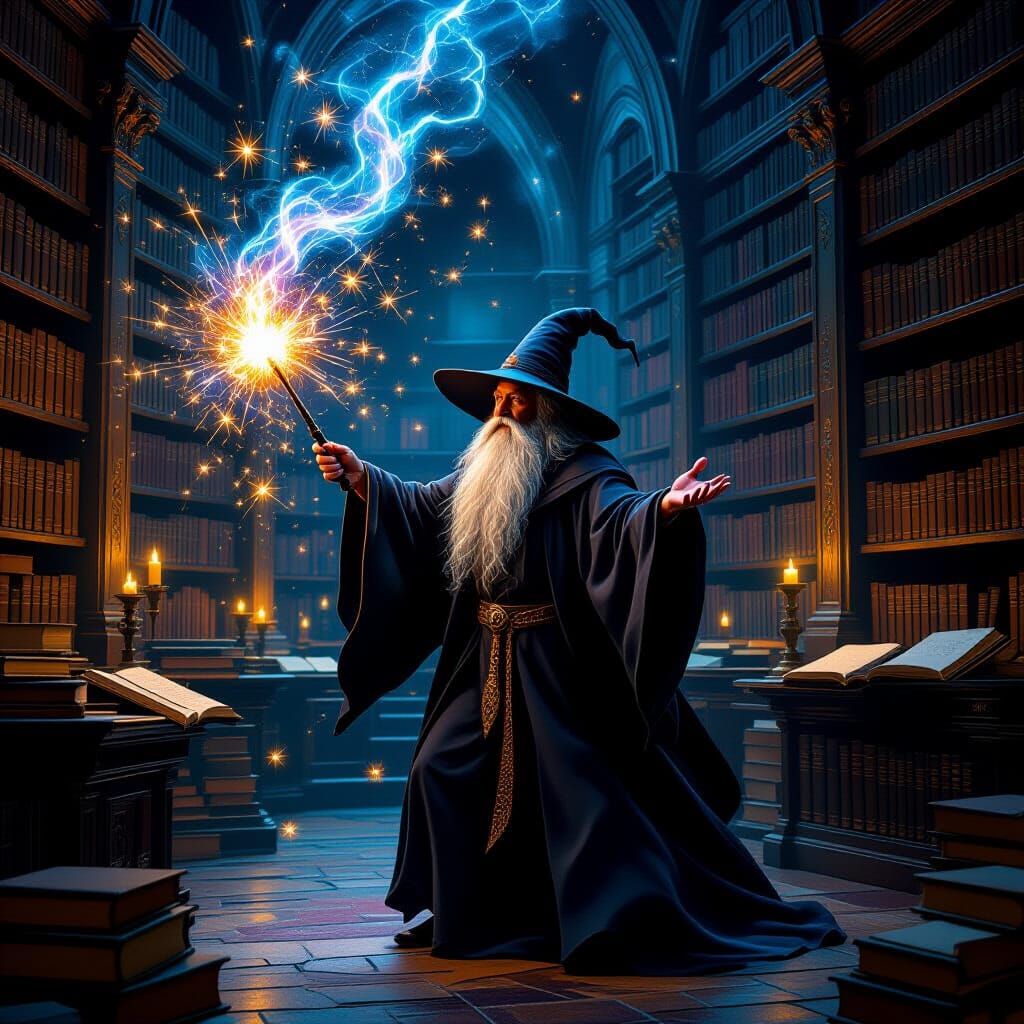 Wizard Conjures Magic in Ancient Library