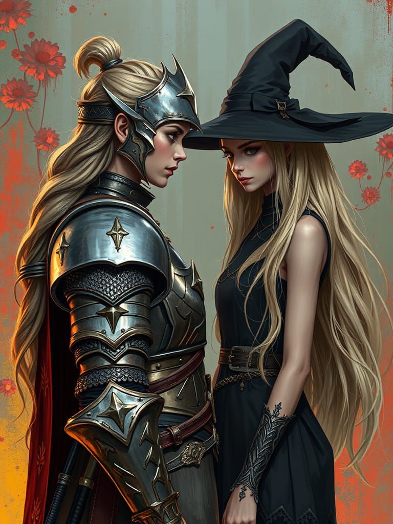 Knight and Witch Meeting: Hyperrealistic Splash Art
