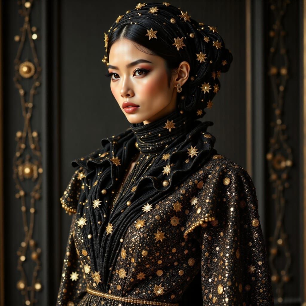 <lora:Goth Grunge Beauty:1.0> <lora:Haute Couture Flux:1.0> <lora:TressCode:1.0> <lora:Sci-Fi Runway:1.0>