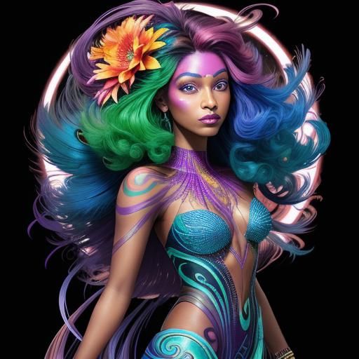 Peacock Haired Woman in Vibrant Comic Book Art