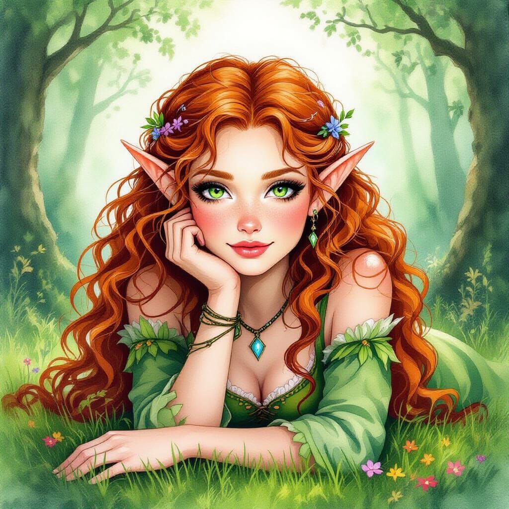 Elven Girl in Enchanted Woodland, Airbrushed Watercolor Styl...