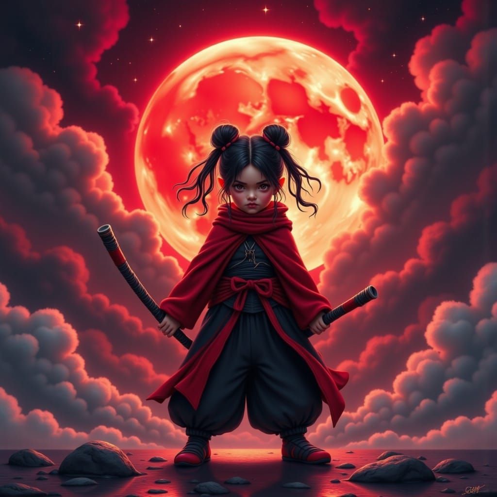 Little Ninja Girl Under Red Moon, Dark Fantasy Art