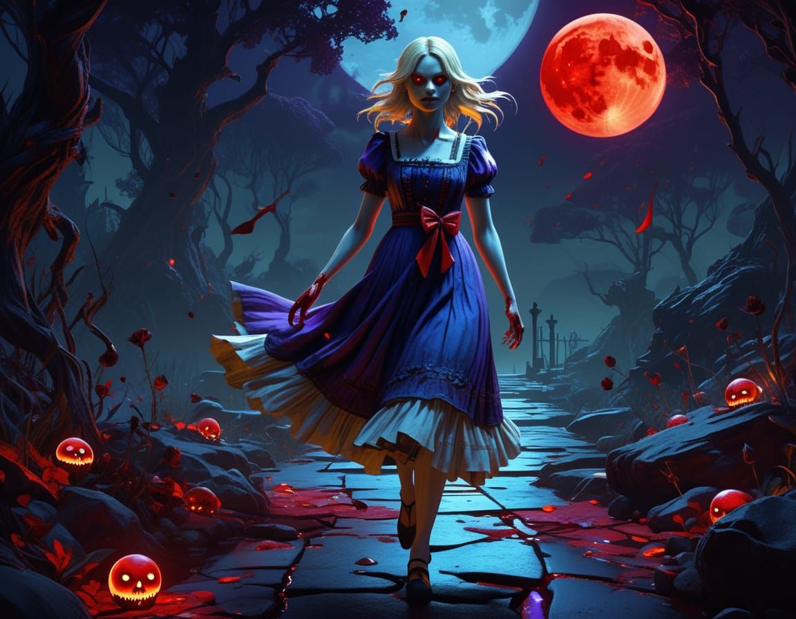 Undead Alice Under Blood Moon in Dark Fantasy Style