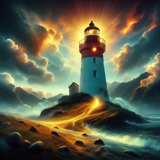 Lighthouse Under Supercell Thunderstorm in Dramatic Oil Pain...