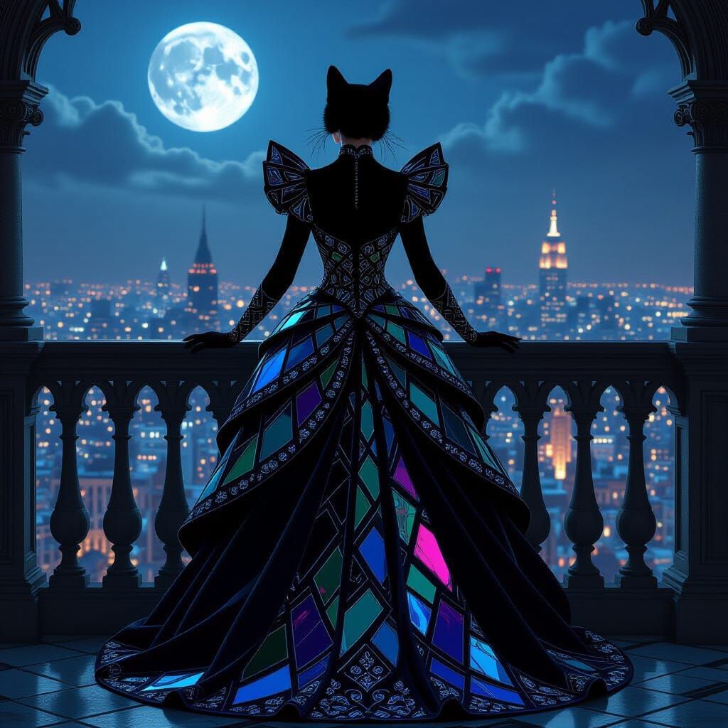 Regal Black Cat in Shimmering Glass Gown on Gothic Balcony
