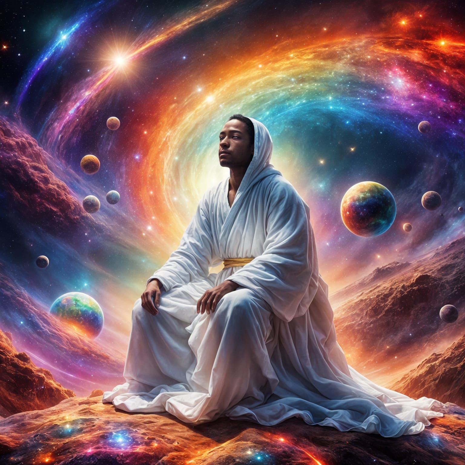 Person on Rainbow in Starry Space