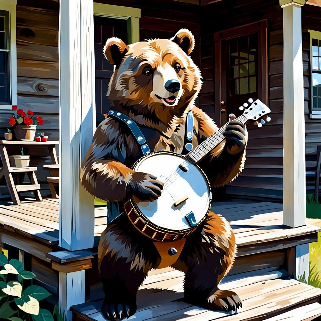 Cubist Banjo Bear on Whimsical Porch
