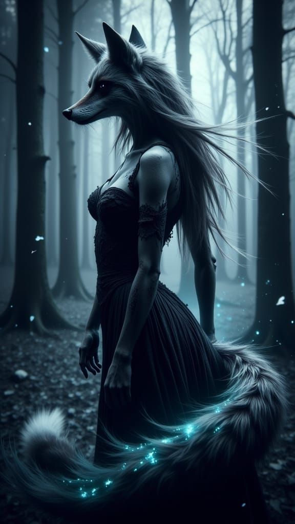 Ethereal Fox-Woman in a Dark Fantasy Forest