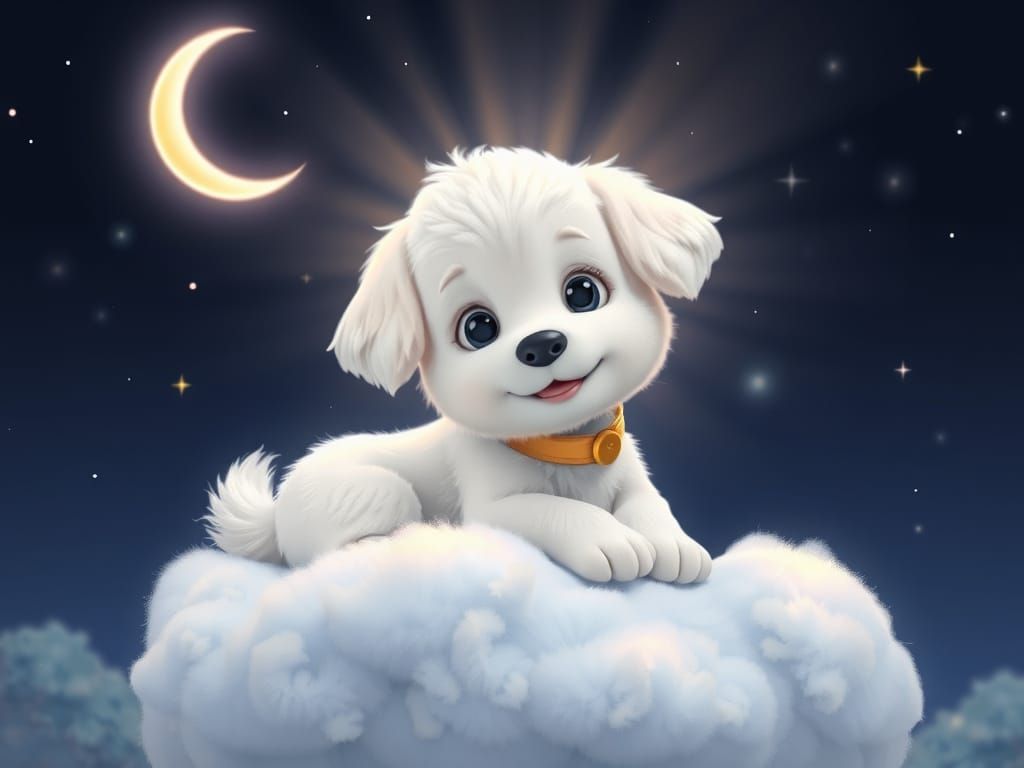 Disney-Inspired White Puppy on a Cloudy Night