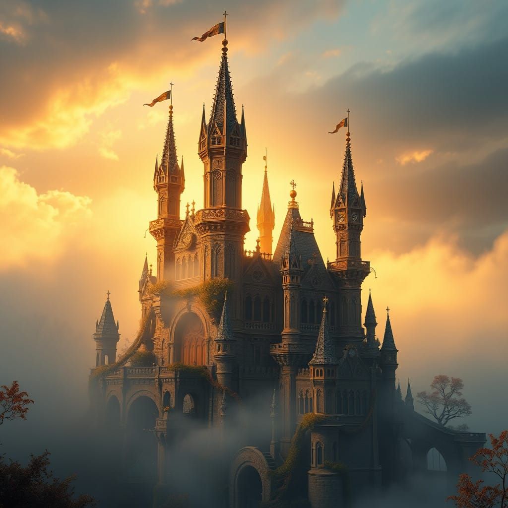 Whimsical Coffee Castle Rises from Golden Morning Fog in Med...