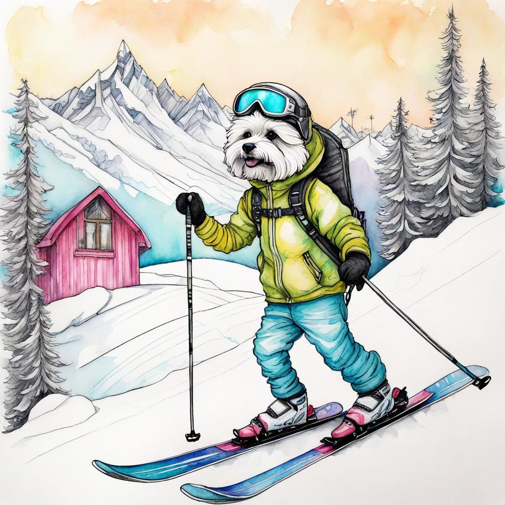 Anthropomorphic Maltipoo Skier in Whimsical Biopunk Sketch
