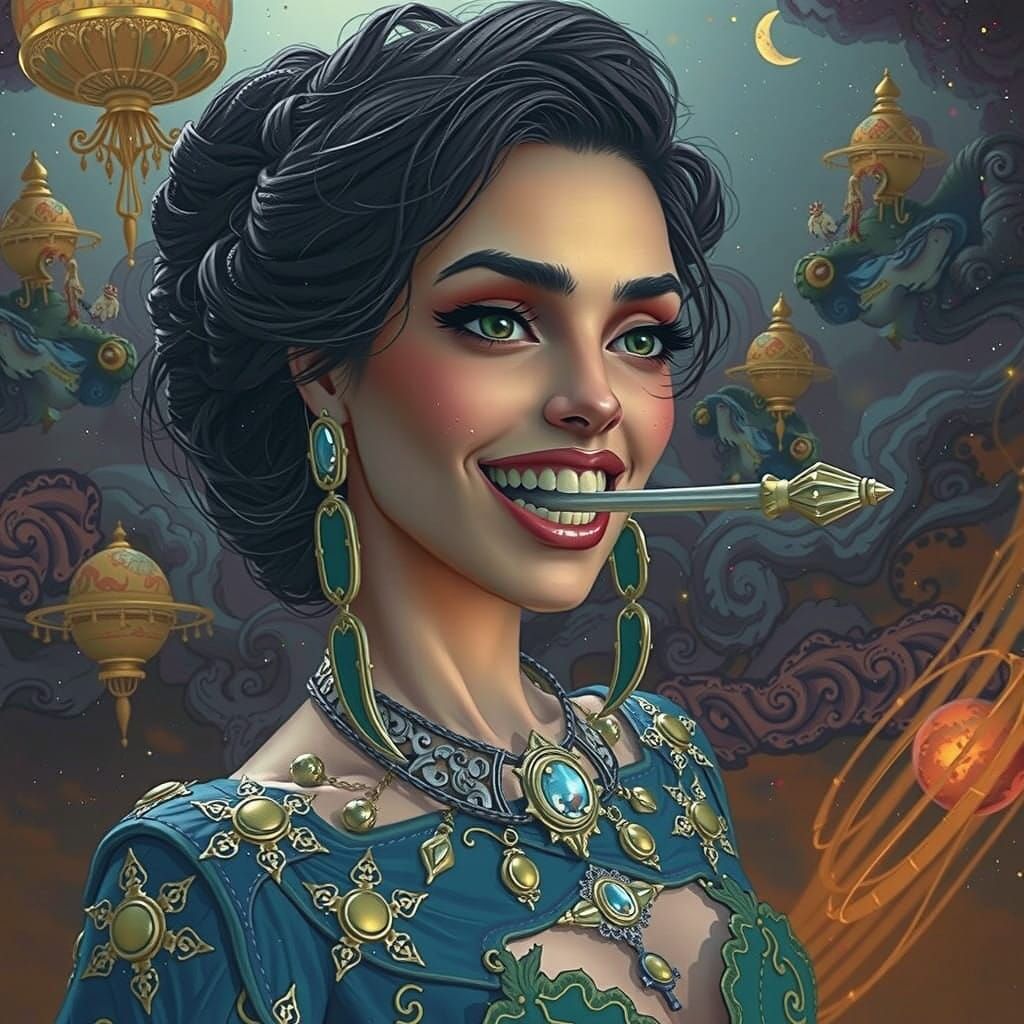 Ethereal Fantasy Woman Bites Bolt Amidst Celestial Clouds