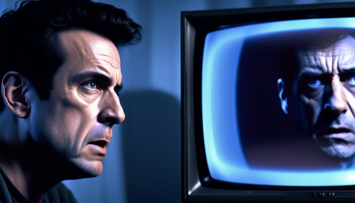 Intense Man Stares at Distorted TV: Digital Art