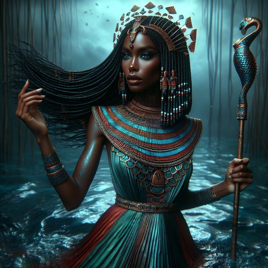 Egyptian Goddess Hatmehit in Dark Fantasy Nile Landscape