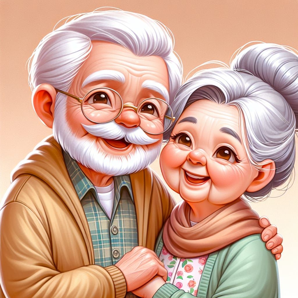 A heartwarming scene of a cartoon couple in their 90s hugging each other. Both characters should exude cuteness and lika...