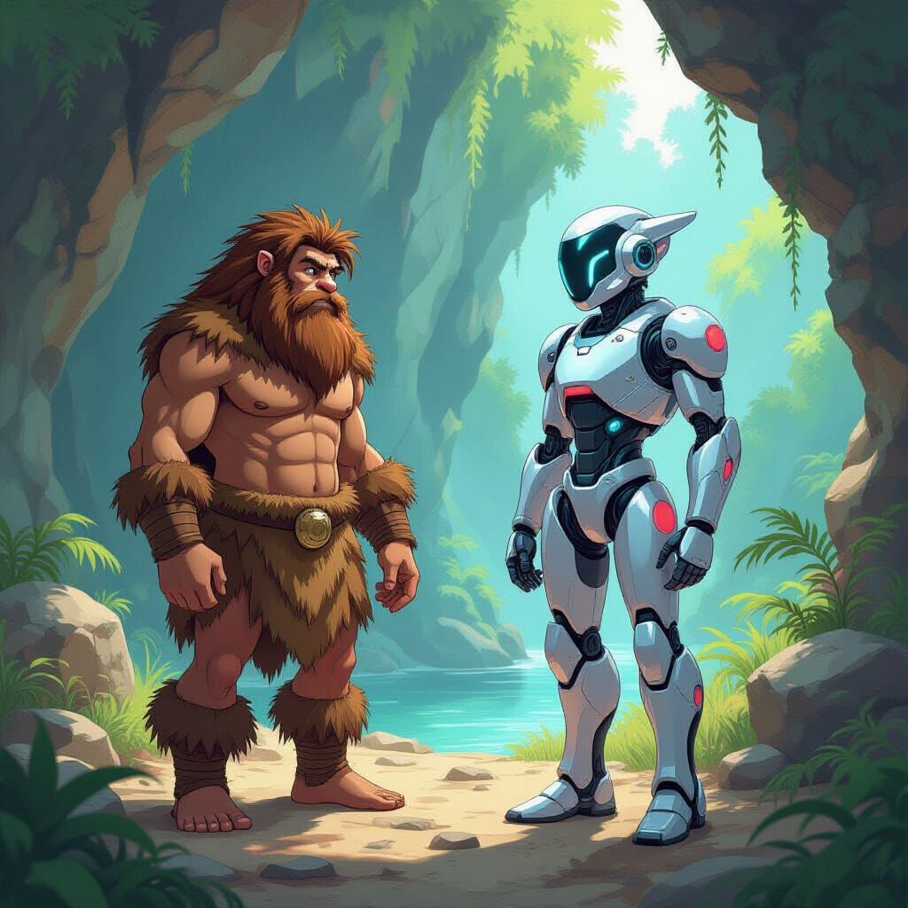 Caveman Meets Robot in Anime Style Wilderness