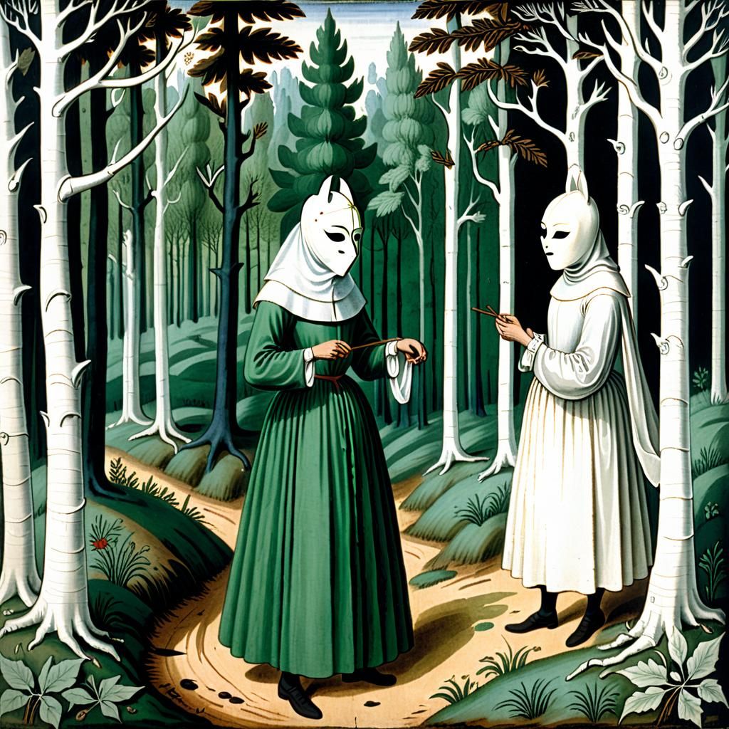 Woman Dresses White Mask in Medieval Charcoal Art