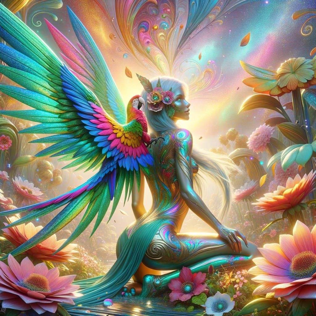 Magical Fairy in Lush Forest with Iridescent Skin