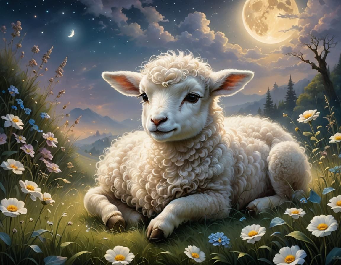 Chibi Lamb Asleep in Moonlit Field