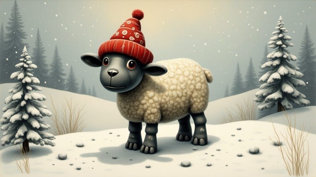A Whimsical Winter Wonderland with a Lamb in Festive Attire