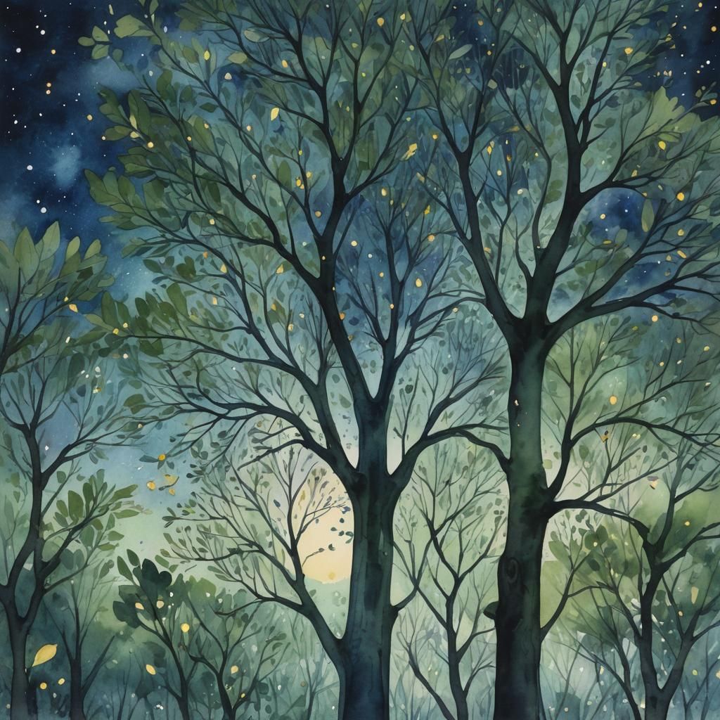 Watercolor Tree Aglow with Fireflies at Night