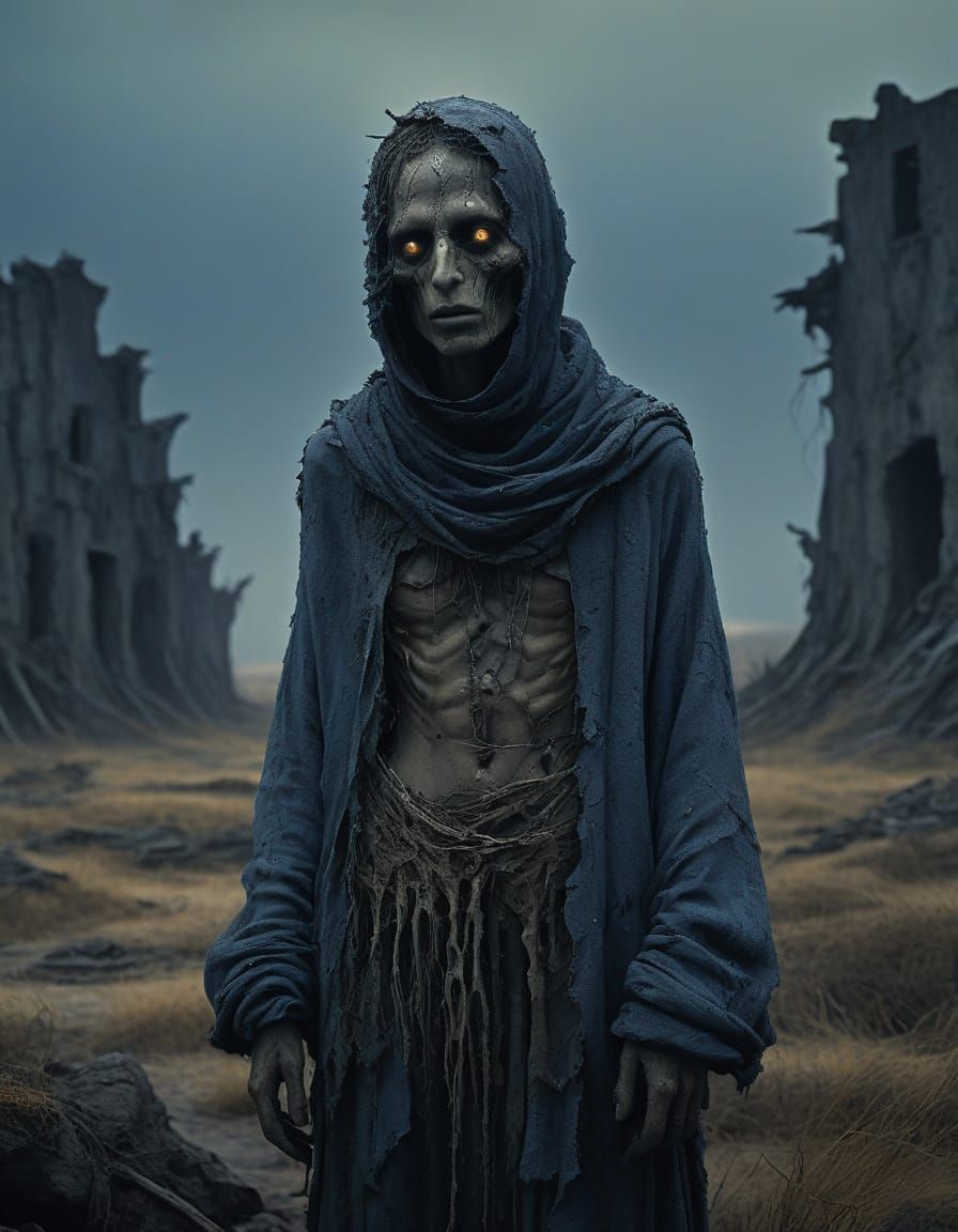 Eerie Surrealist Figure in Dystopian Landscape